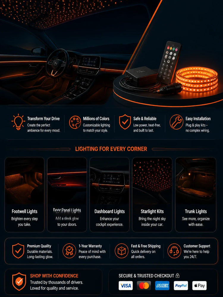 Car interior LED lighting – RGB footwell glow kit and fiber optic starlight headliner kit from Autixio