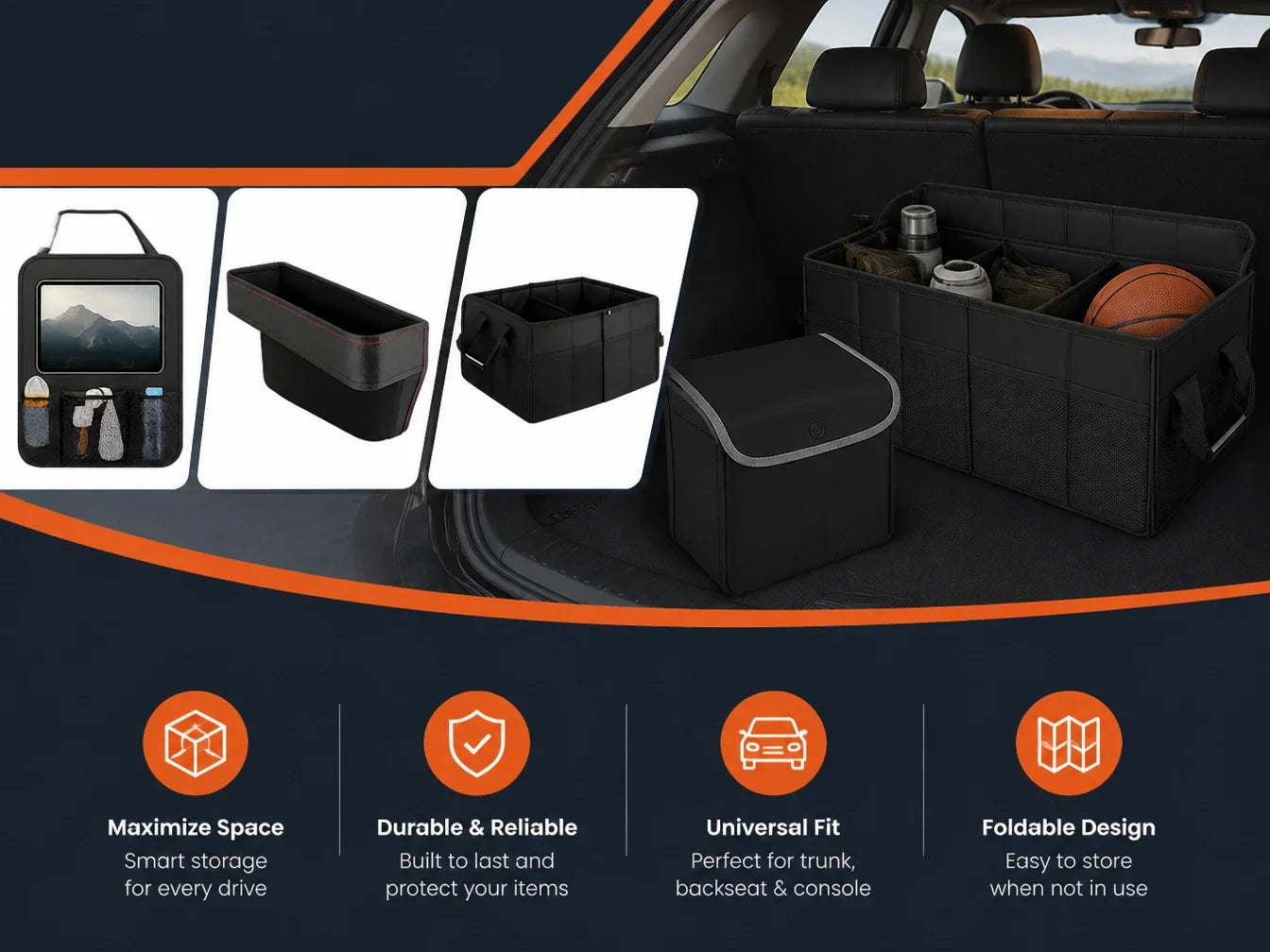 Car organizers for trunk and backseat – collapsible trunk bins, seat-back caddies, seat gap fillers and console storage from Autixio