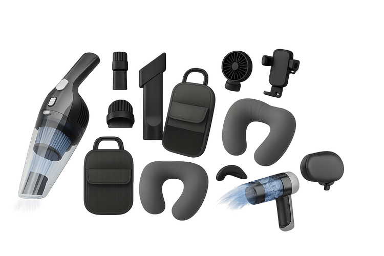Cordless car vacuum with attachments, storage bag, and accessories like headrest, phone holder, and mini fan on transparent background