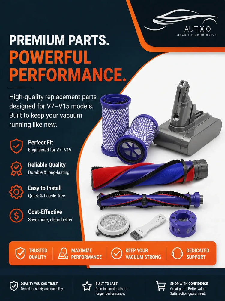Compatible Dyson vacuum parts – replacement batteries, filters, brush rolls and chargers for V7 through V15 models, not affiliated with Dyson