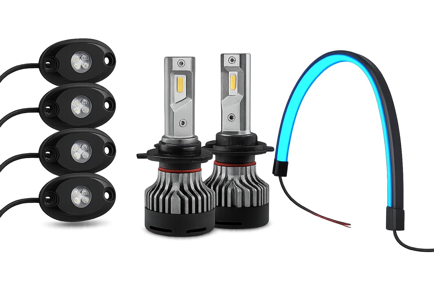 Exterior car lighting – LED rock lights, headlight bulbs, and hood strip for vehicle mods and visibility