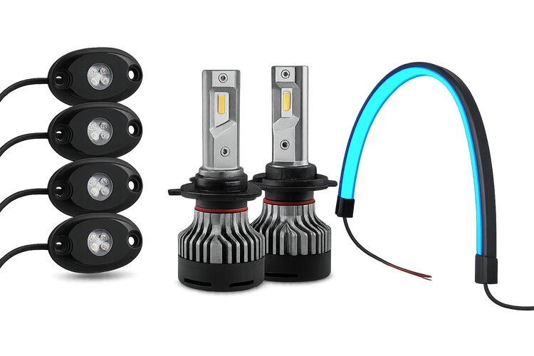 Exterior car lighting – LED rock lights, headlight bulbs, and hood strip for vehicle mods and visibility