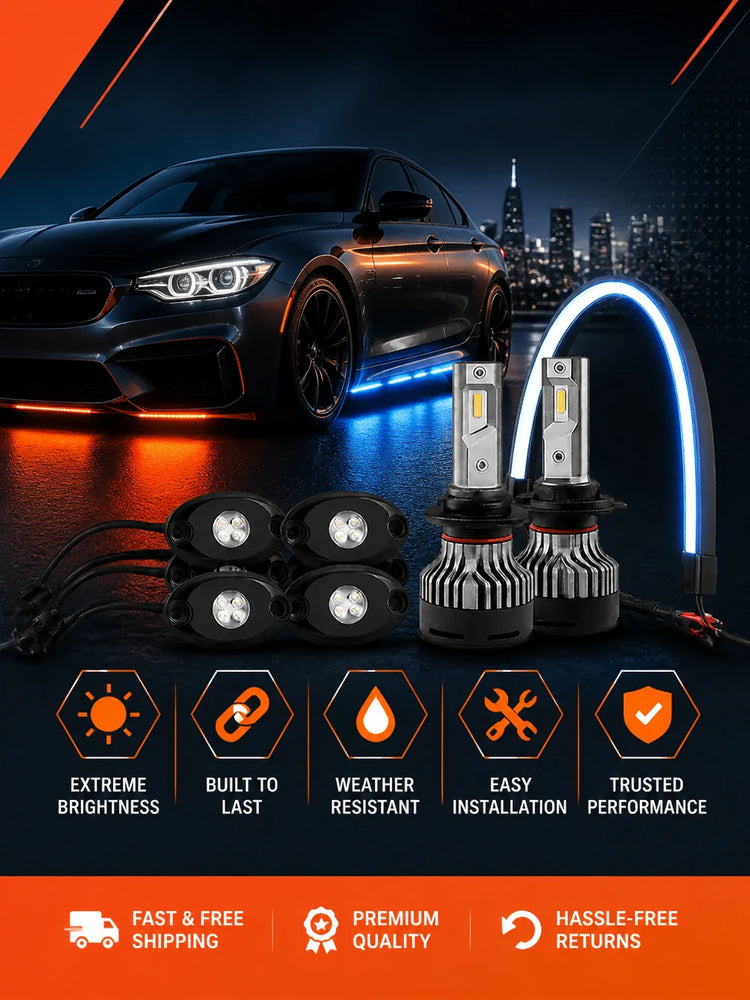 Car exterior LED lighting – RGB underglow chassis pods, rock lights for trucks, and dynamic DRL hood strip from Autixio