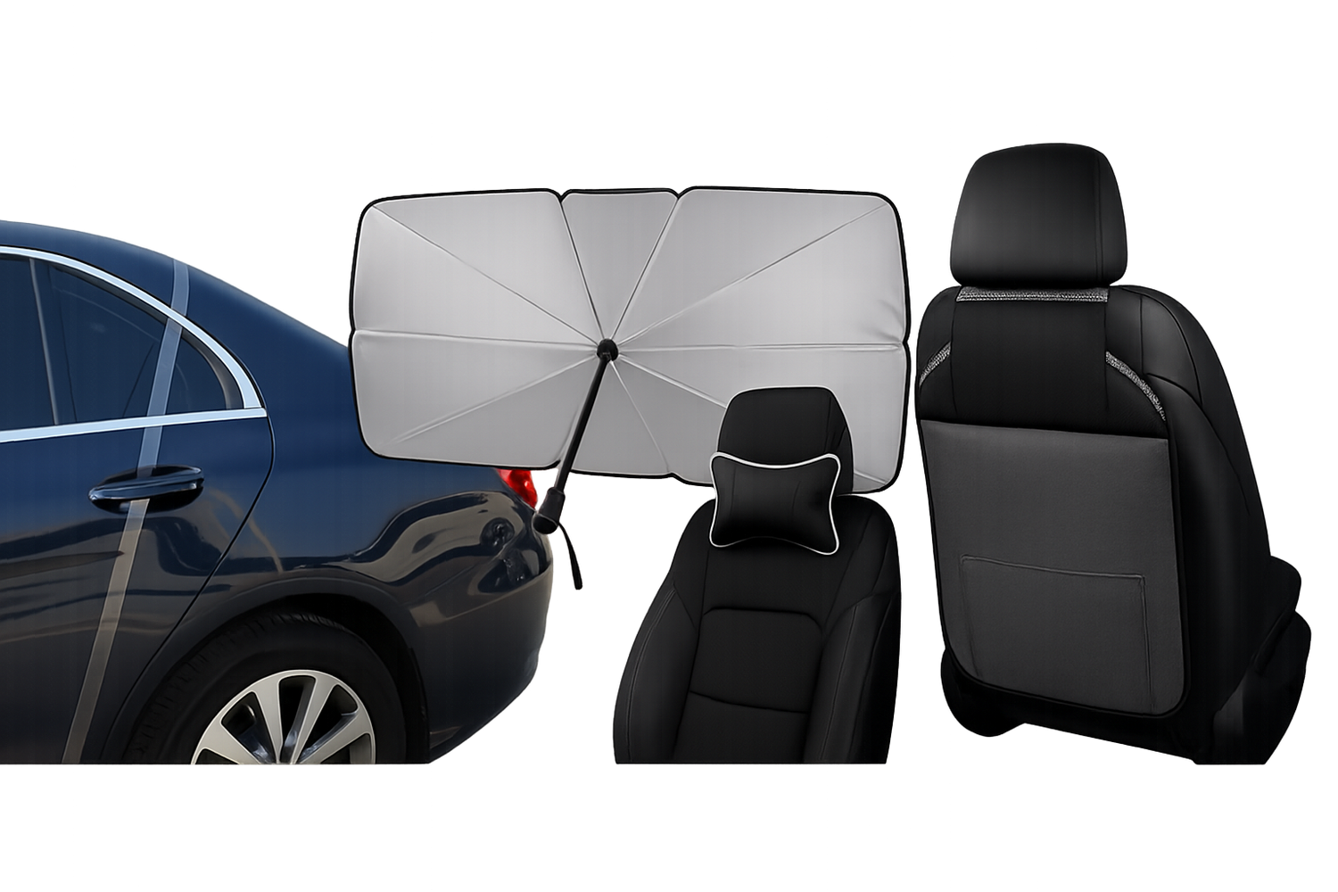 Protective car accessories – windshield sunshade, door edge film, seat cover, and kick mat for scratch and sun protection