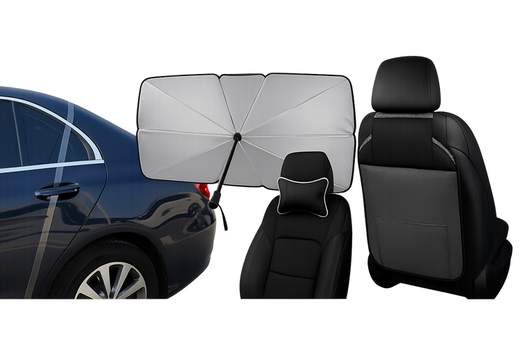 Protective car accessories – windshield sunshade, door edge film, seat cover, and kick mat for scratch and sun protection