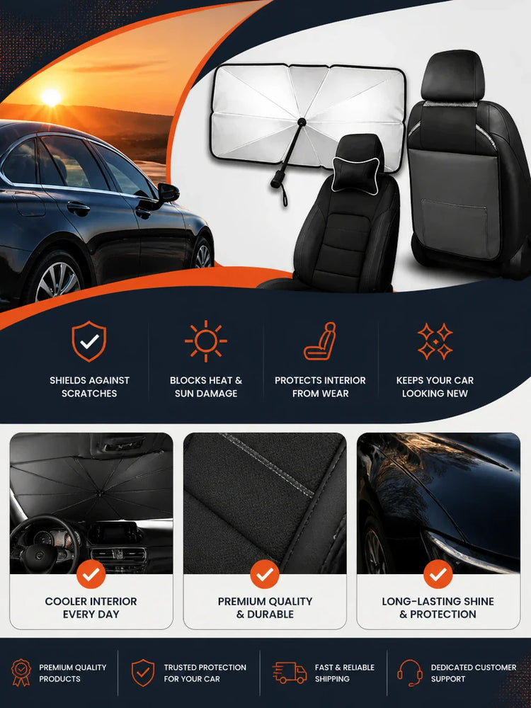 Car protection accessories – foldable windshield sun shade, transparent door sill film, breathable seat covers, and kick mat from Autixio