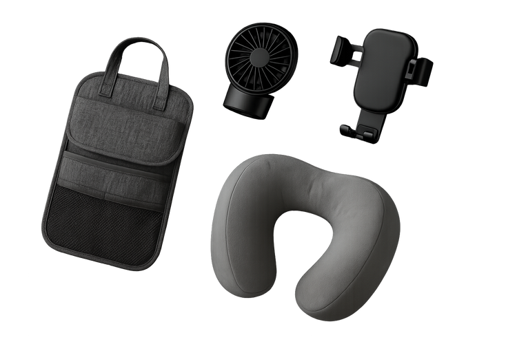 Essential car accessories under $50 – seat organizer, phone mount, air purifier fan, and neck pillow