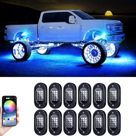 12-piece RGB underglow light kit for lifted trucks with smartphone control and blue glow