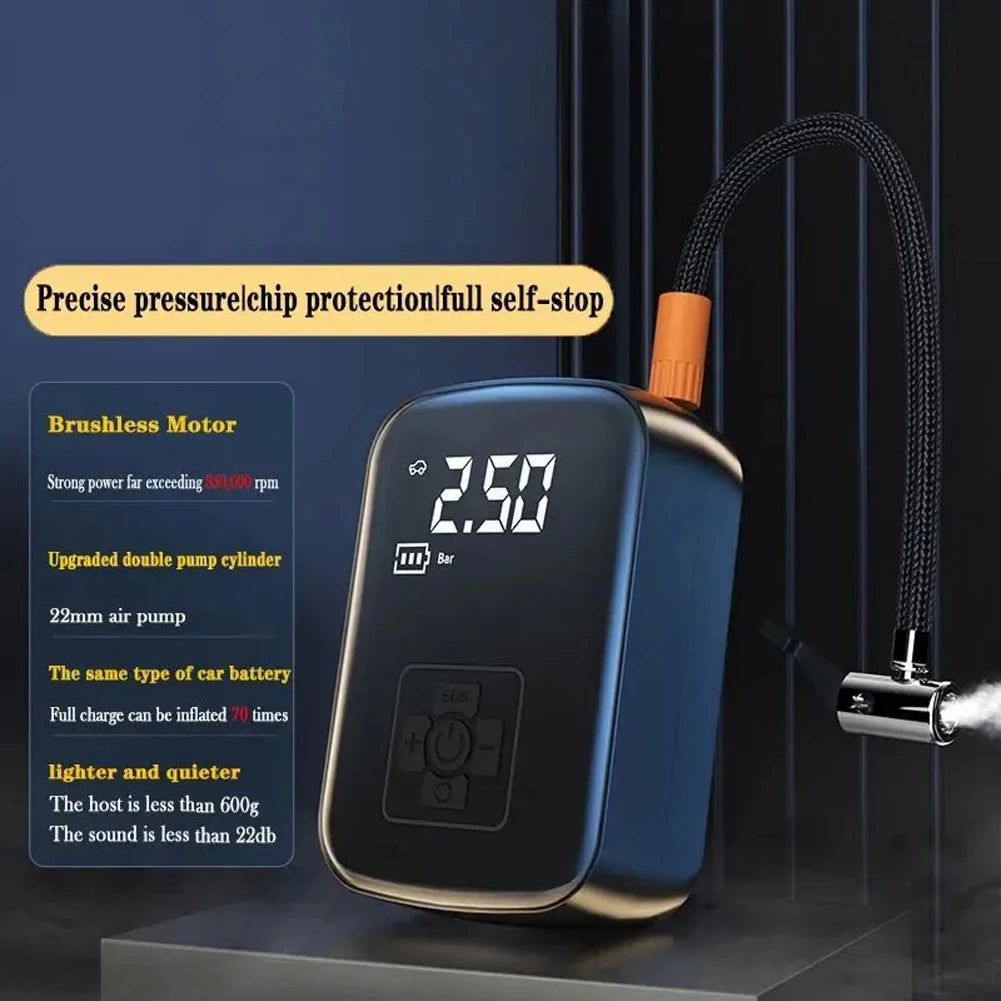 12V car air compressor brushless motor with precise pressure control, chip protection and auto self-stop feature callouts