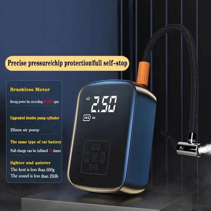 12V car air compressor brushless motor with precise pressure control, chip protection and auto self-stop feature callouts