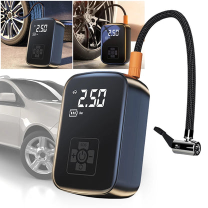 12V car air compressor inflating car tyres in real use scenes alongside product hero shot with braided hose