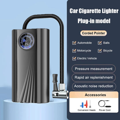 12V 150PSI plug-in car air compressor with analogue pressure gauge and cigarette lighter cable for tyre inflation