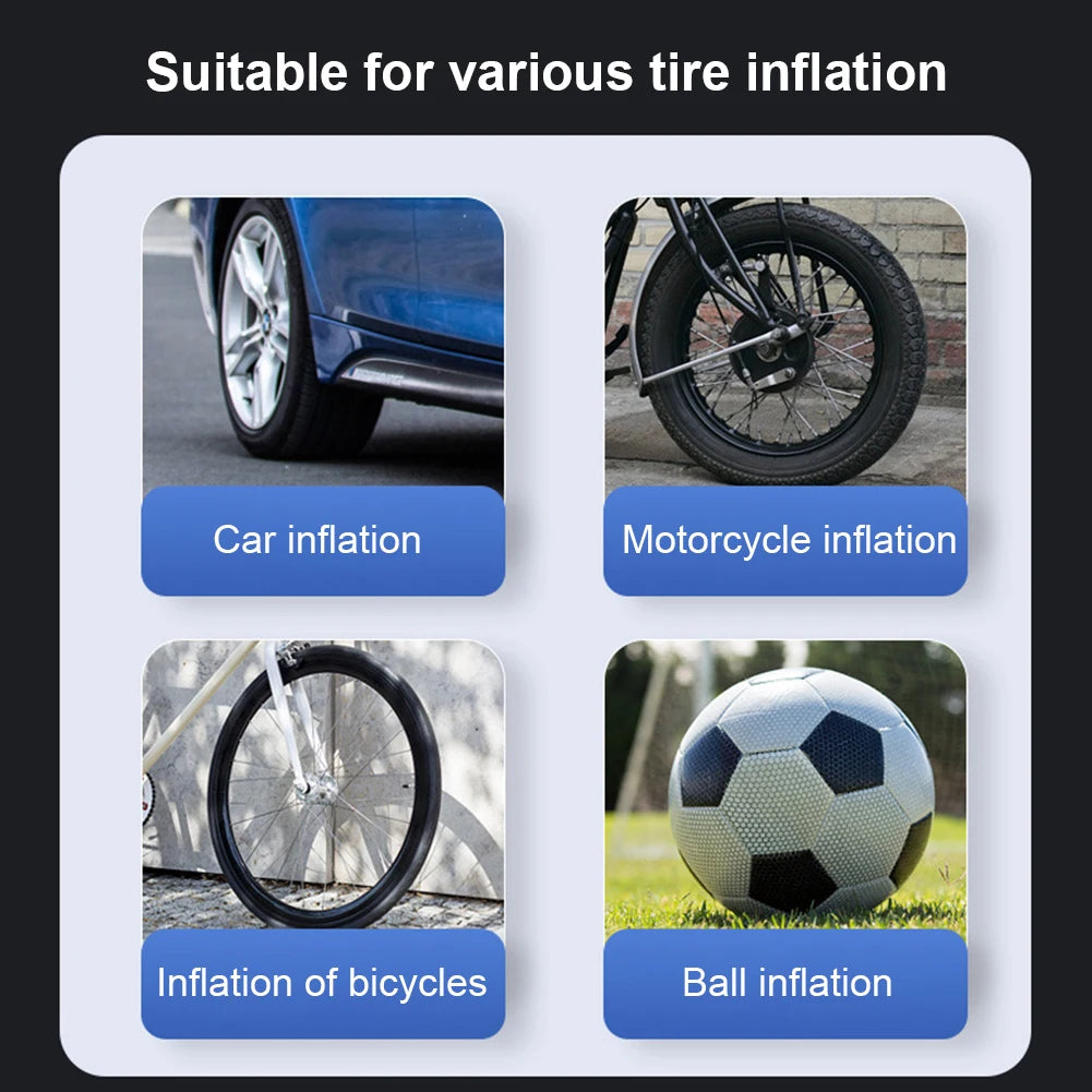 12V air compressor suitable for car tyre, motorcycle tyre, bicycle tyre and ball inflation use cases