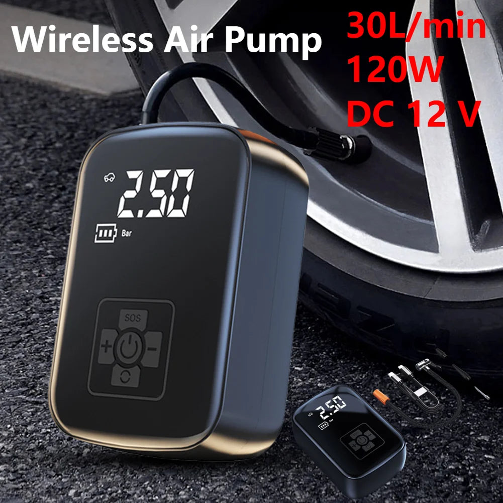 Wireless 12V 120W car air pump with LCD display connected to car tyre showing 30L per min flow rate