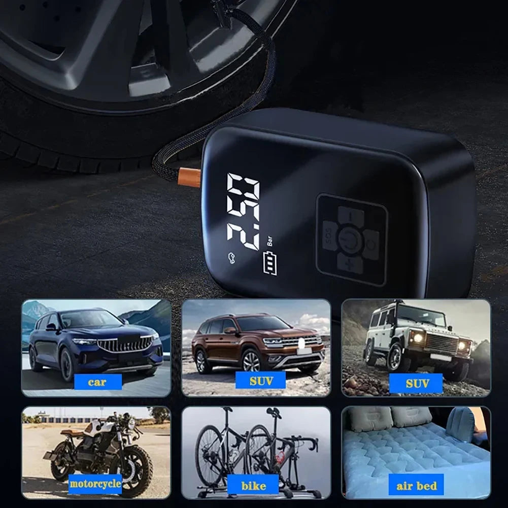 Portable electric tire inflator with digital LCD for car, SUV, motorcycle, and bike