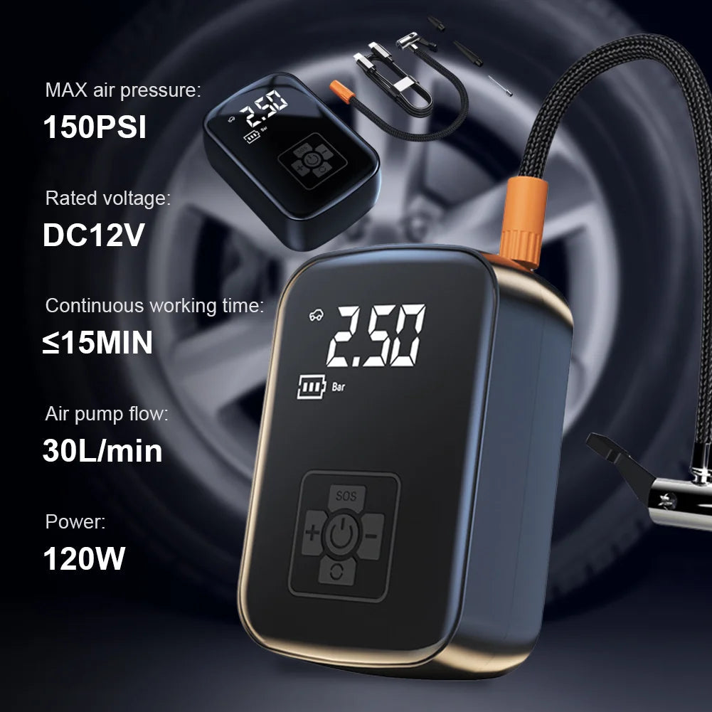 12V 150PSI wireless car air compressor specs showing 120W power, 30L per min flow rate and included accessories