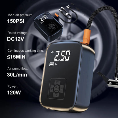 12V 150PSI wireless car air compressor specs showing 120W power, 30L per min flow rate and included accessories