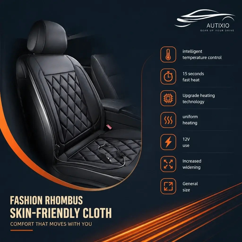 Black 12V heated car seat cushion in car interior side view highlighting 15-second fast heat and rhombus skin-friendly cloth design