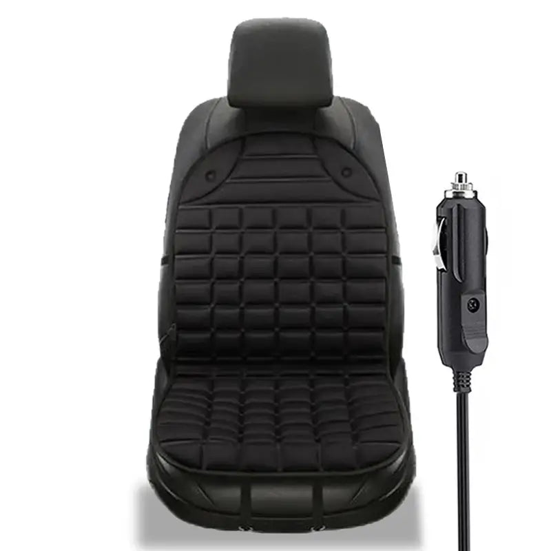 Single black 12V heated car seat cushion with cigarette lighter plug and power cord on white background