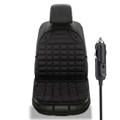 Single black 12V heated car seat cushion with cigarette lighter plug and power cord on white background