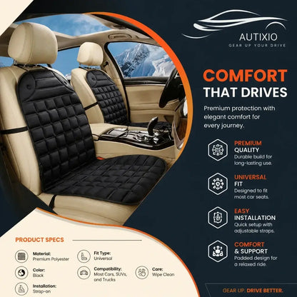 Two black 12V heated car seat cushions installed in car interior showing product specs including premium polyester material and universal strap-on fit