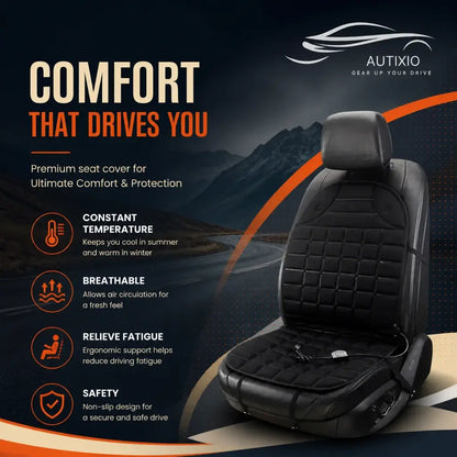 Black 12V heated car seat cushion highlighting constant temperature control, breathable design, ergonomic fatigue relief, and non-slip safety