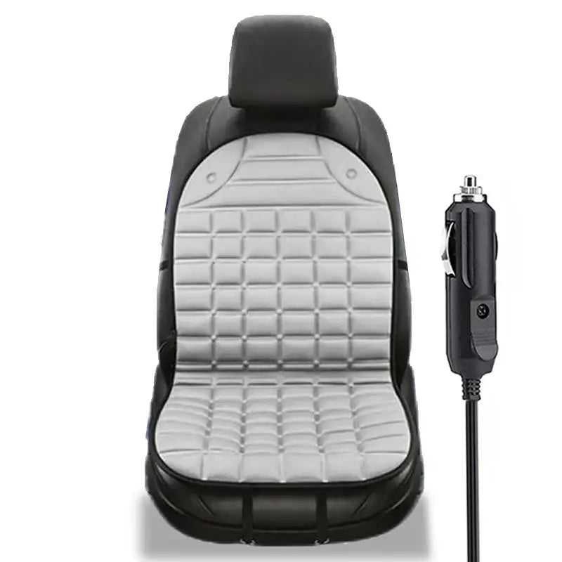 Single grey 12V heated car seat cushion with cigarette lighter plug and power cord on white background