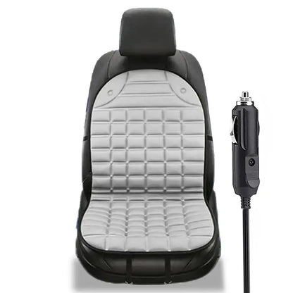 Single grey 12V heated car seat cushion with cigarette lighter plug and power cord on white background