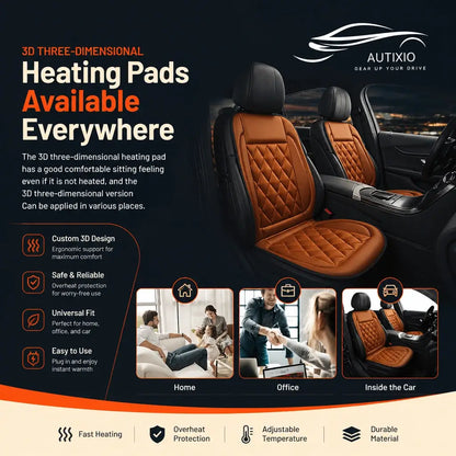 3D heated car seat cushion infographic showing versatile use for home office and car with fast heating and overheat protection