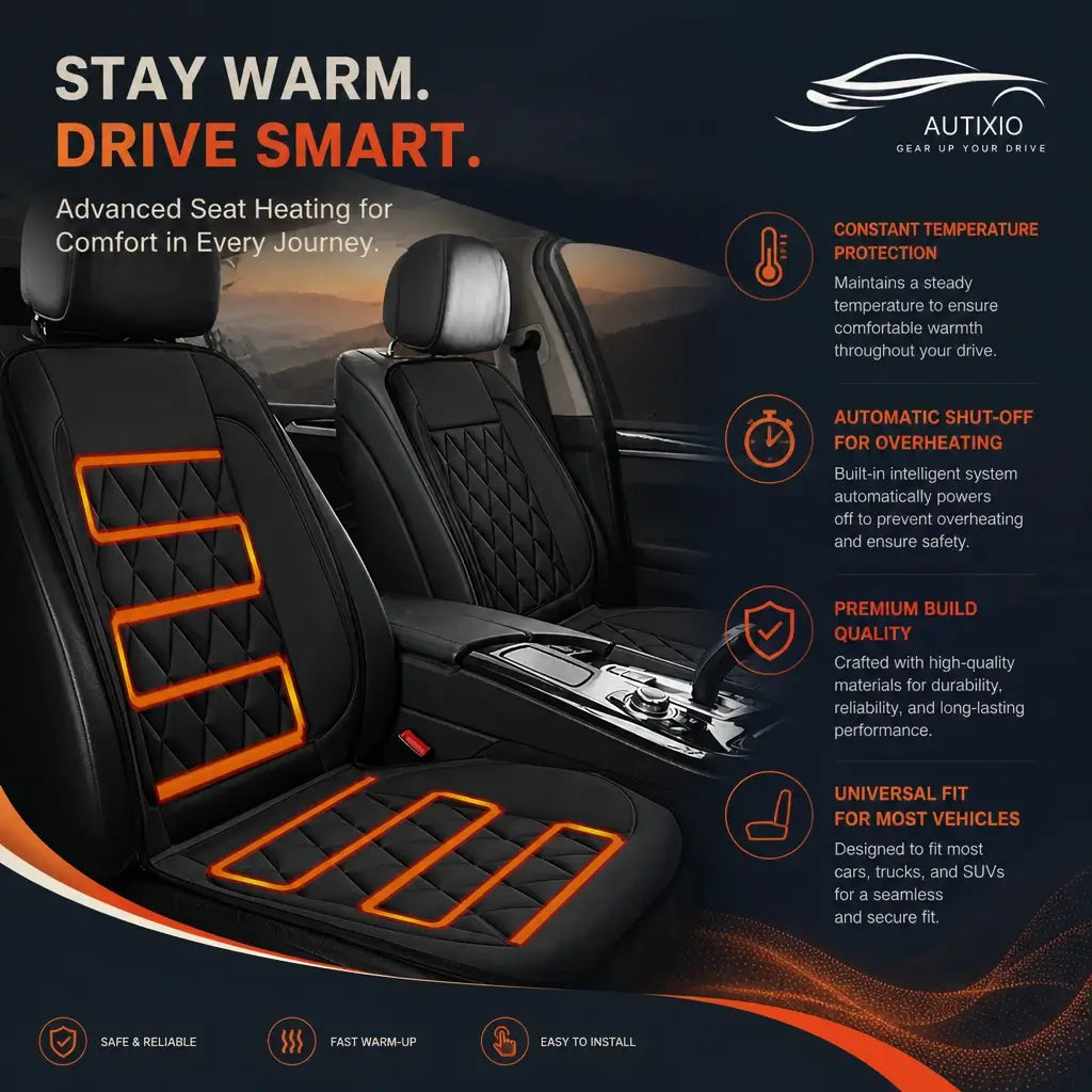 12V heated car seat cushion infographic showing auto overheat cutoff, constant temperature protection, and universal fit features