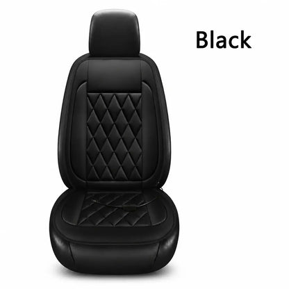 Black 12V heated car seat cushion with diamond quilt leatherette full seat view showing heating cable and overheat protection