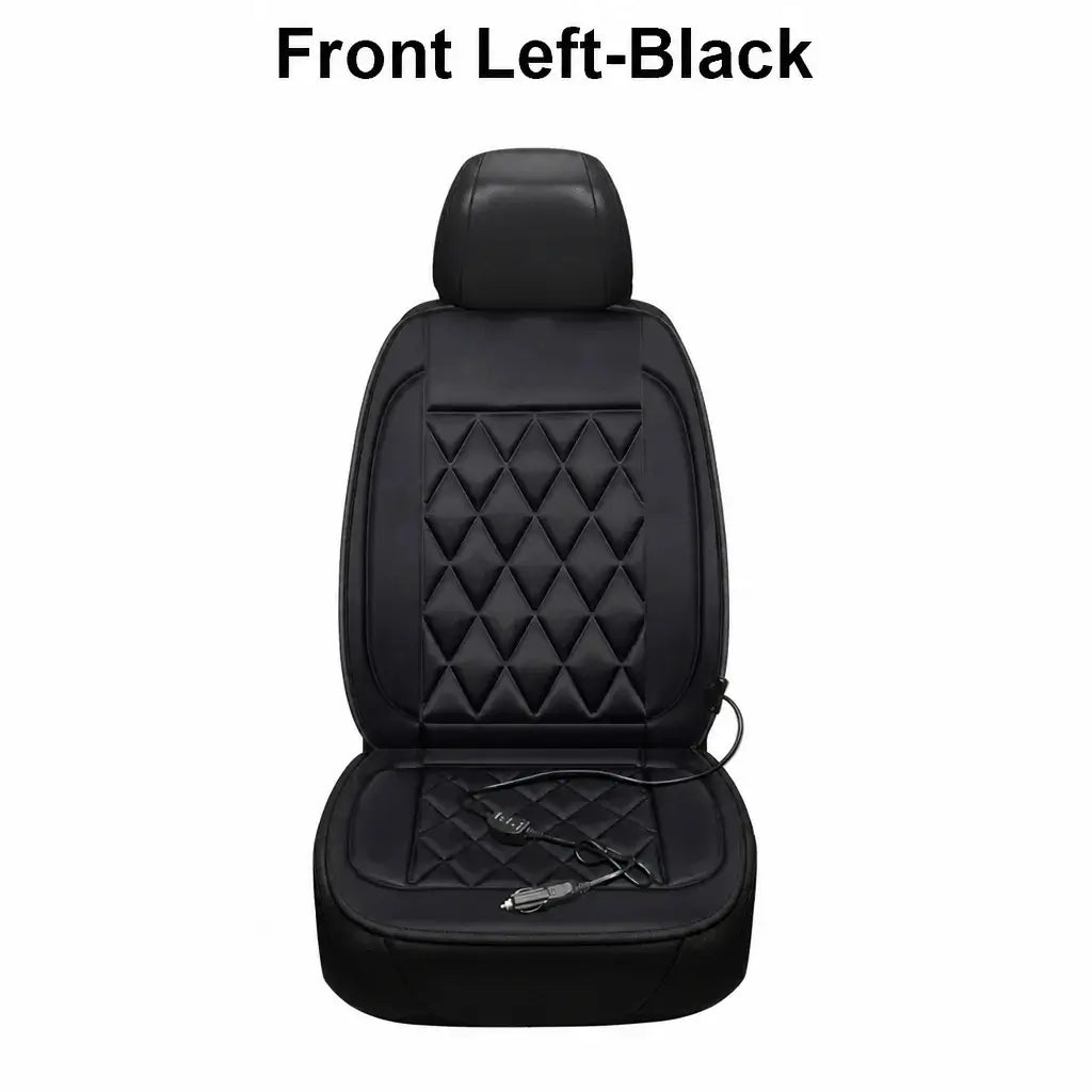 Single black 12V heated car seat cushion for front left seat with DC power cord on white background