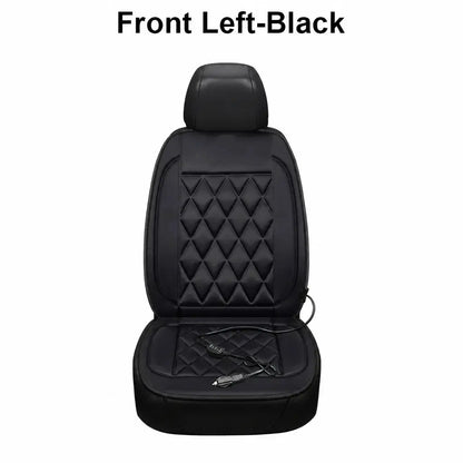 Single black 12V heated car seat cushion for front left seat with DC power cord on white background