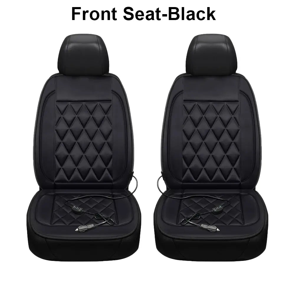 Two black 12V heated car seat cushions for front left and right seats with individual DC power cords on white background