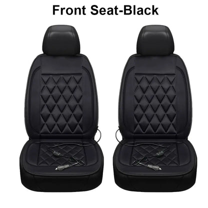 Two black 12V heated car seat cushions for front left and right seats with individual DC power cords on white background