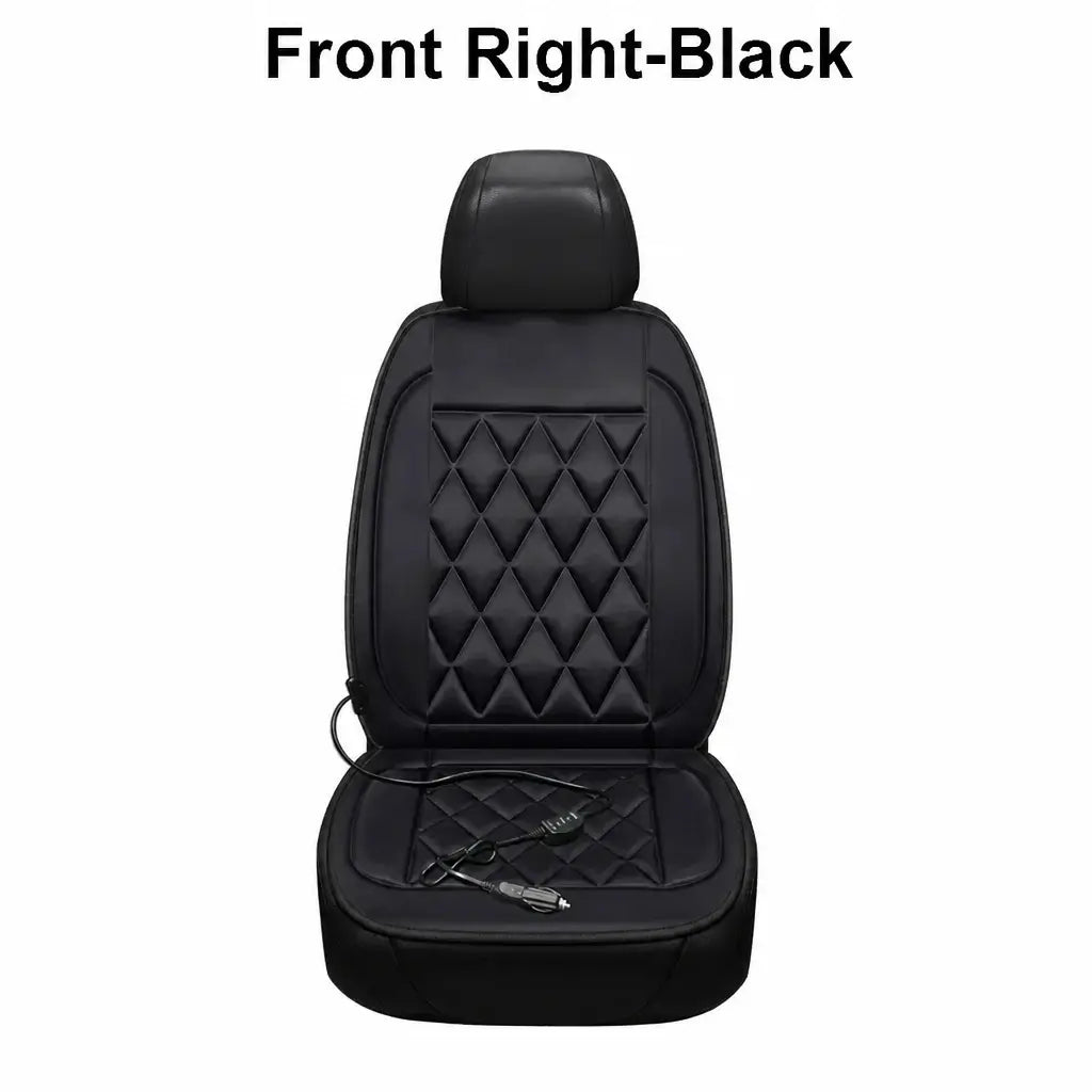 Single black 12V heated car seat cushion for front right seat with DC power cord on white background