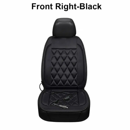 Single black 12V heated car seat cushion for front right seat with DC power cord on white background
