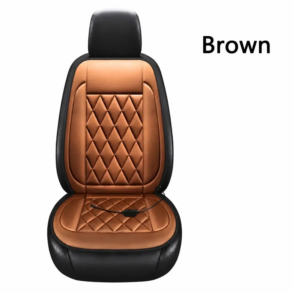 Brown 12V heated car seat cushion with diamond quilt leatherette full seat view showing heating cable and auto overheat cutoff