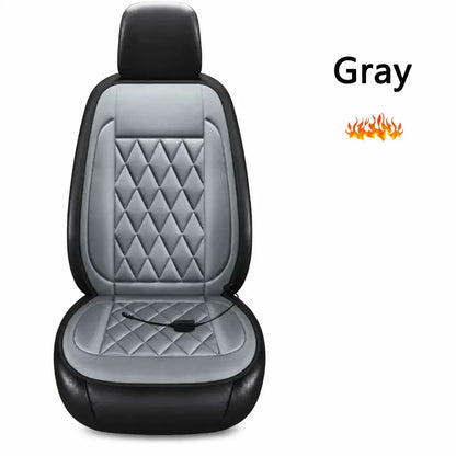 Gray 12V heated car seat cushion with diamond quilt leatherette full seat view showing heating cable and fast heat technology