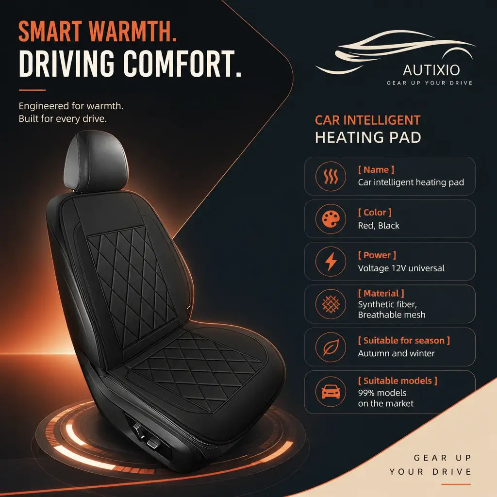 12V heated car seat cushion spec sheet showing synthetic fiber breathable mesh material and 12V universal power for 99 percent of car models