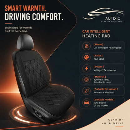 12V heated car seat cushion spec sheet showing synthetic fiber breathable mesh material and 12V universal power for 99 percent of car models