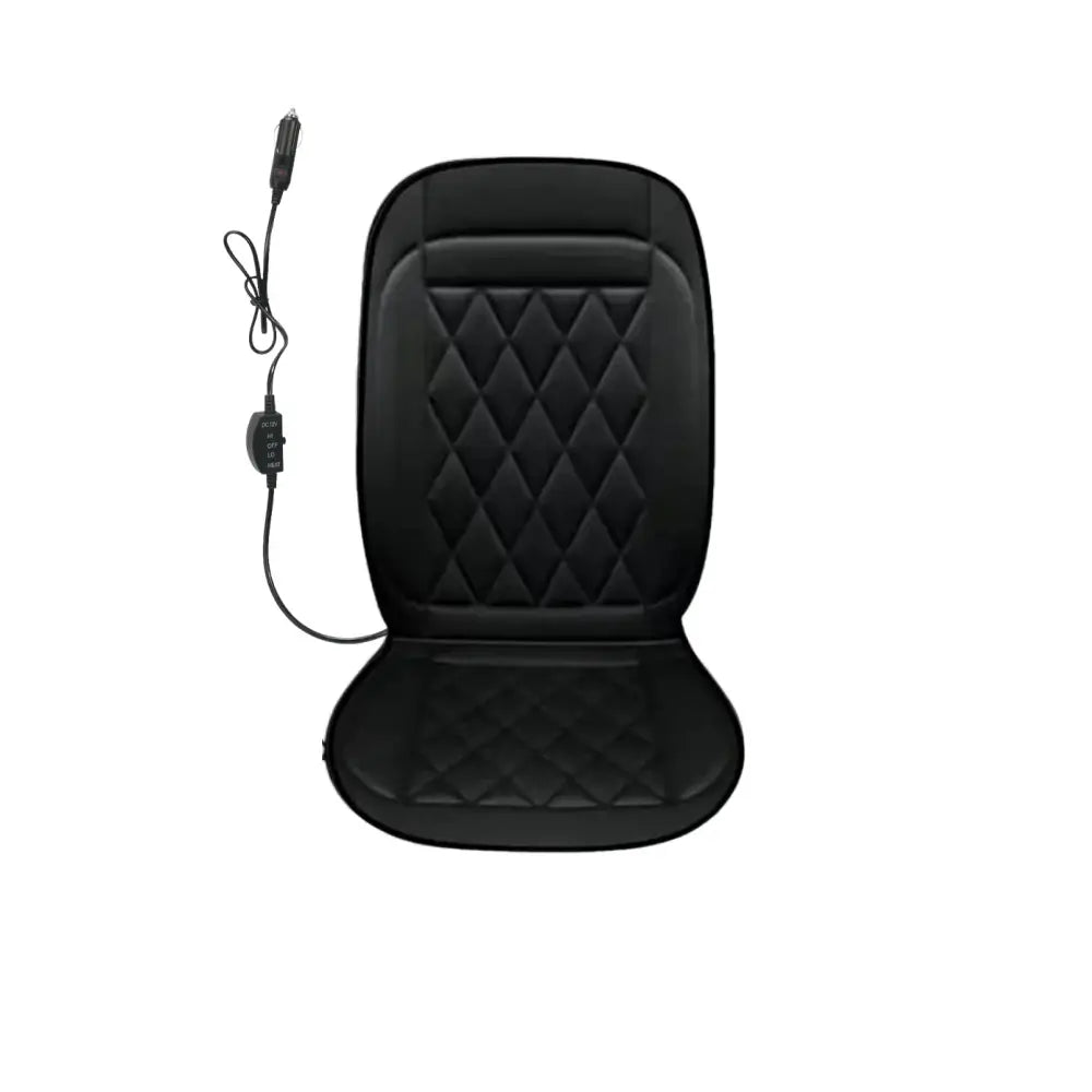 Single black 12V heated car seat cover with DC power cord and heat controller on white background