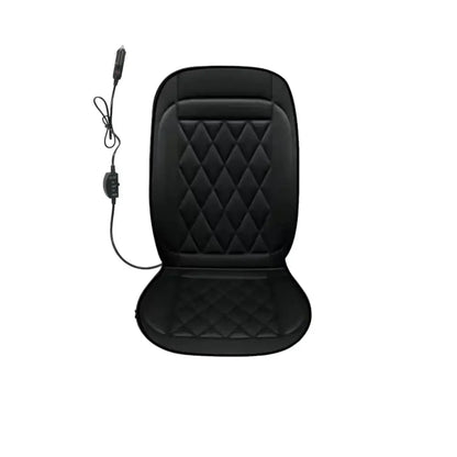 Single black 12V heated car seat cover with DC power cord and heat controller on white background