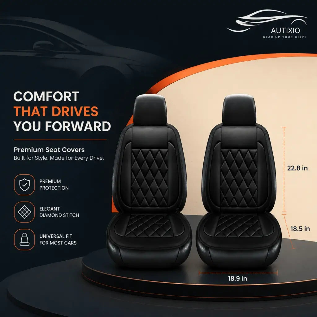 Two black 12V heated seat covers with diamond stitch pattern and dimensions labeled