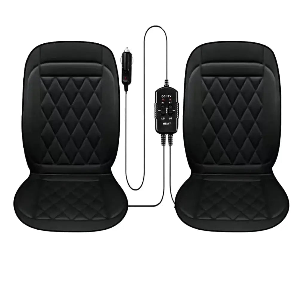 Two black 12V heated car seat covers with shared DC 12V controller on white background