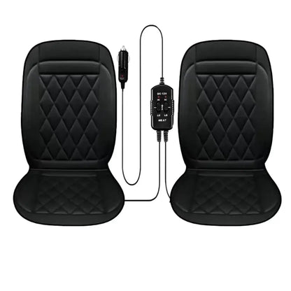 Two black 12V heated car seat covers with shared DC 12V controller on white background
