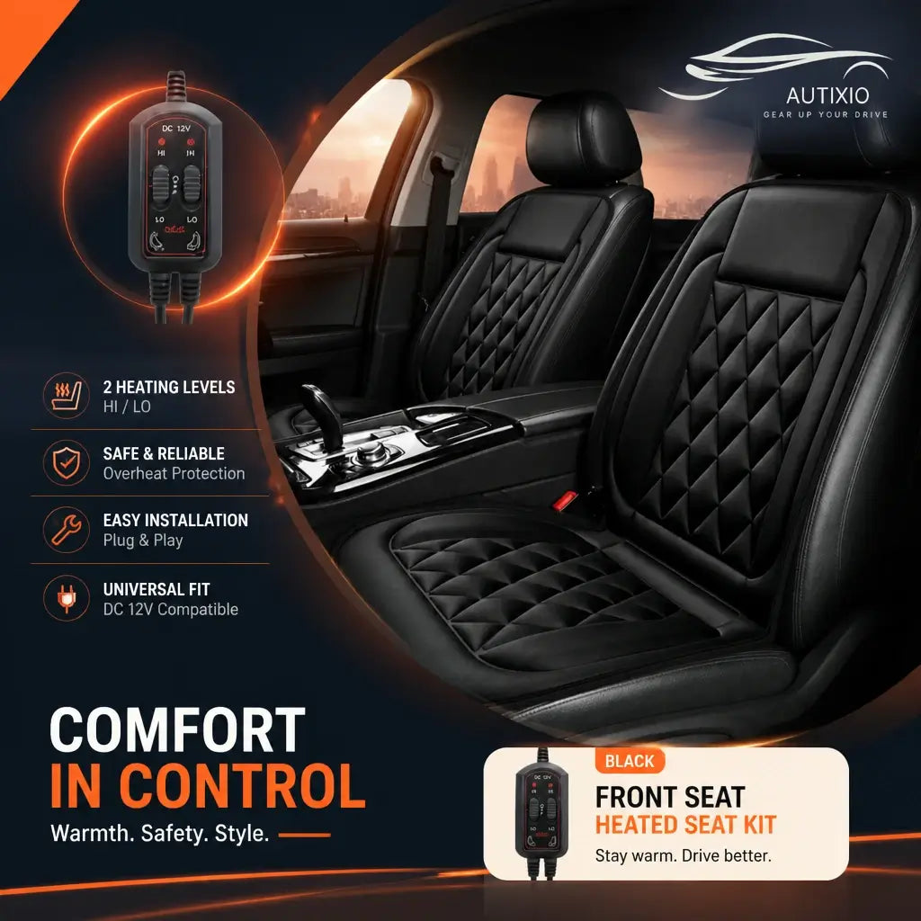Black 12V heated seat cover installed in car interior with DC 12V controller and 2 heating levels HI LO