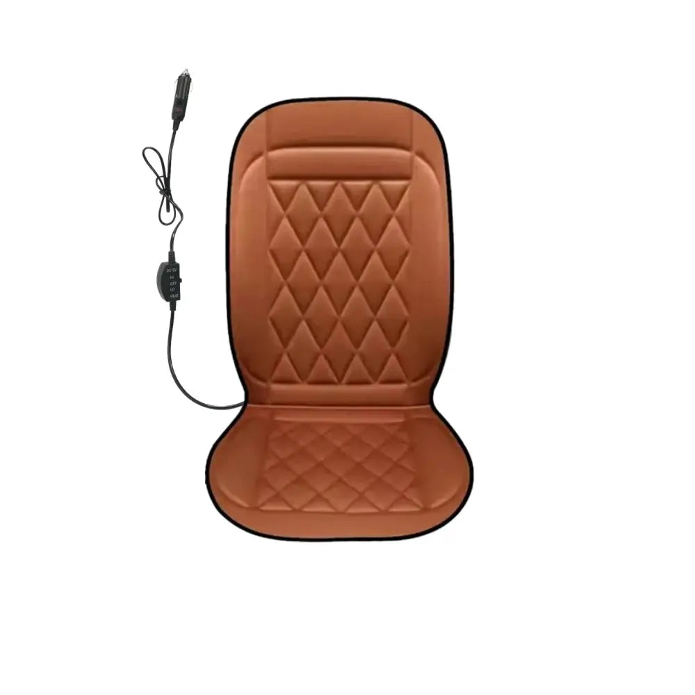 Single brown 12V heated car seat cover with DC power cord and heat controller on white background