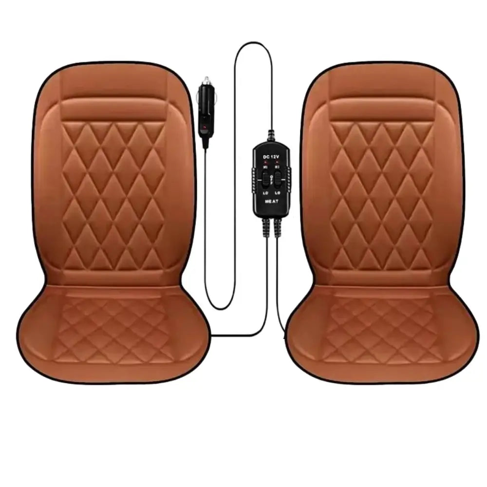 Two brown 12V heated car seat covers with shared DC 12V controller on white background