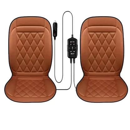 Two brown 12V heated car seat covers with shared DC 12V controller on white background